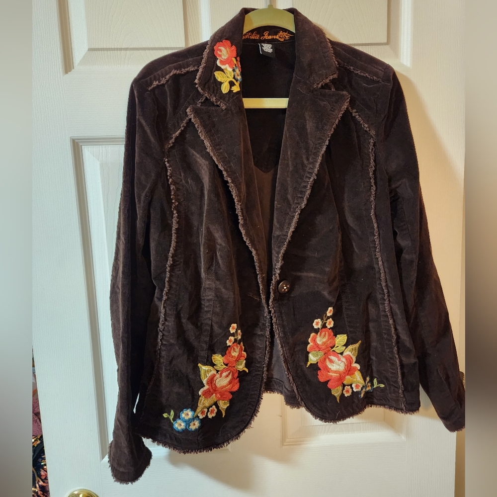 Embroidered Velvet Blazer Jacket - Brown with Floral Accents